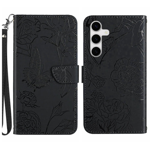 For Samsung Galaxy S25 FE Case with Wrist Strap Butterfly Flower Imprinted Leather Phone Cover - Black - 1