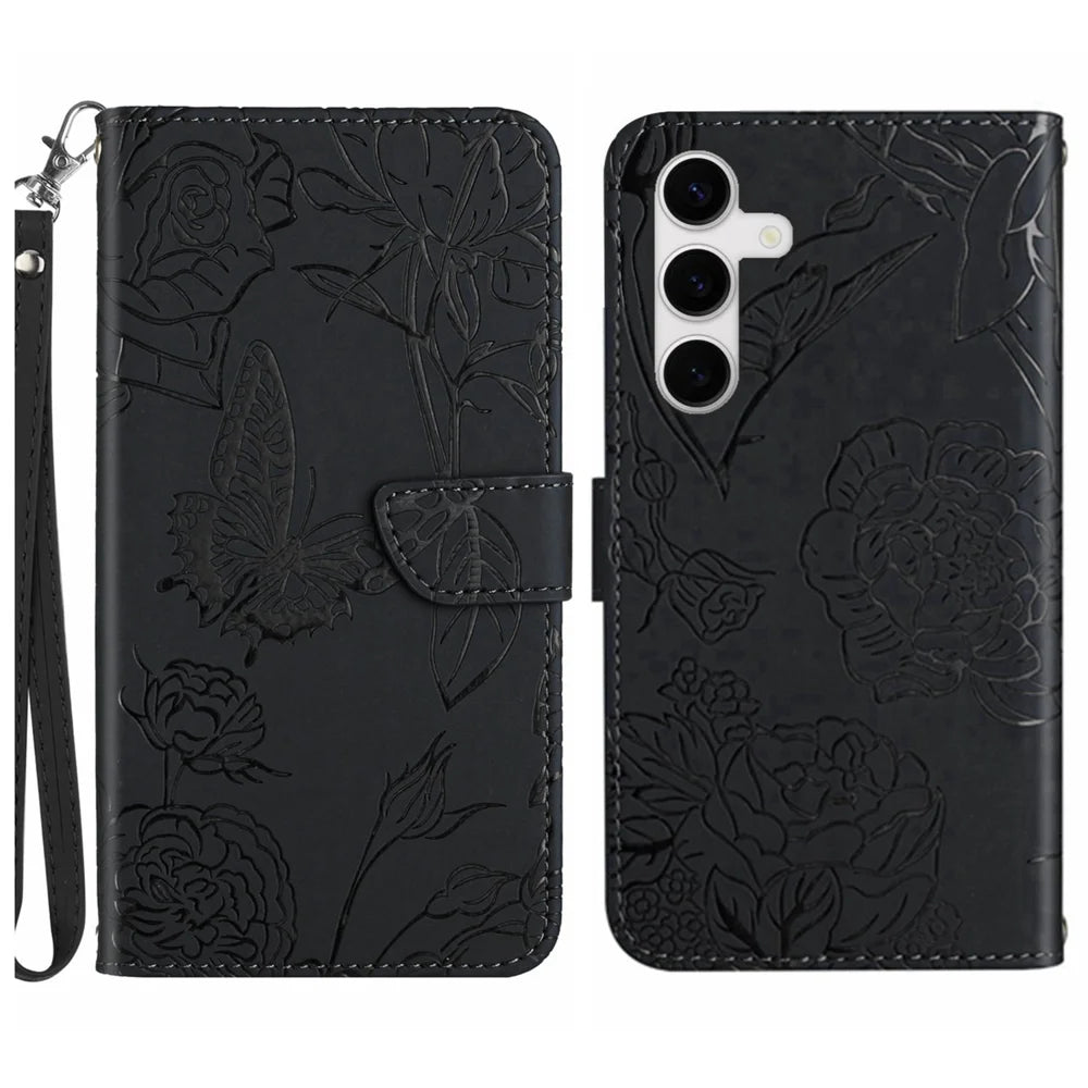 For Samsung Galaxy S25 FE Case with Wrist Strap Butterfly Flower Imprinted Leather Phone Cover - Black - 1