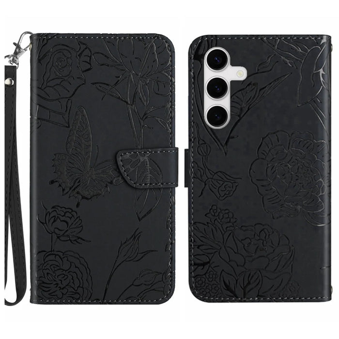 For Samsung Galaxy S25 FE Case with Wrist Strap Butterfly Flower Imprinted Leather Phone Cover - Black - 1