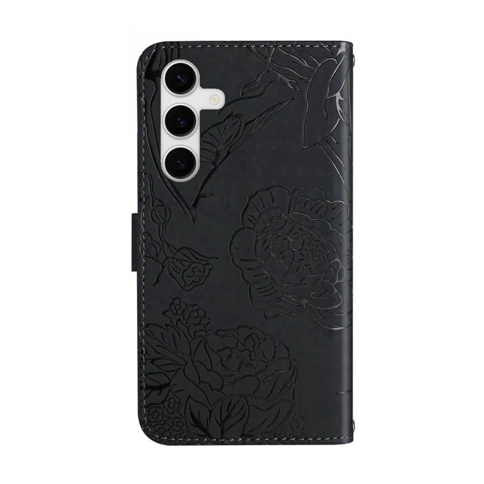 For Samsung Galaxy S25 FE Case with Wrist Strap Butterfly Flower Imprinted Leather Phone Cover - Black - 2