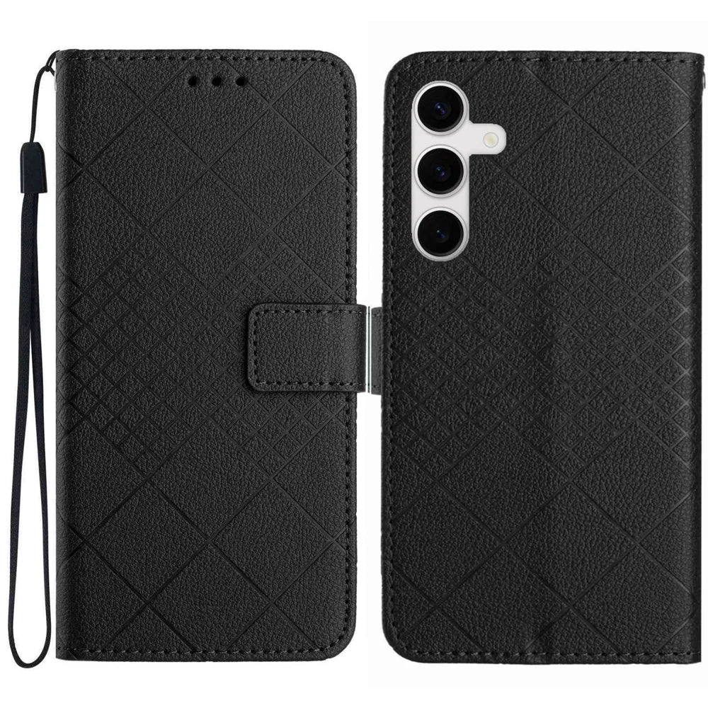 For Samsung Galaxy S25 FE Case Wallet Imprint PU Leather Flip Folio Phone Cover - Black - 1