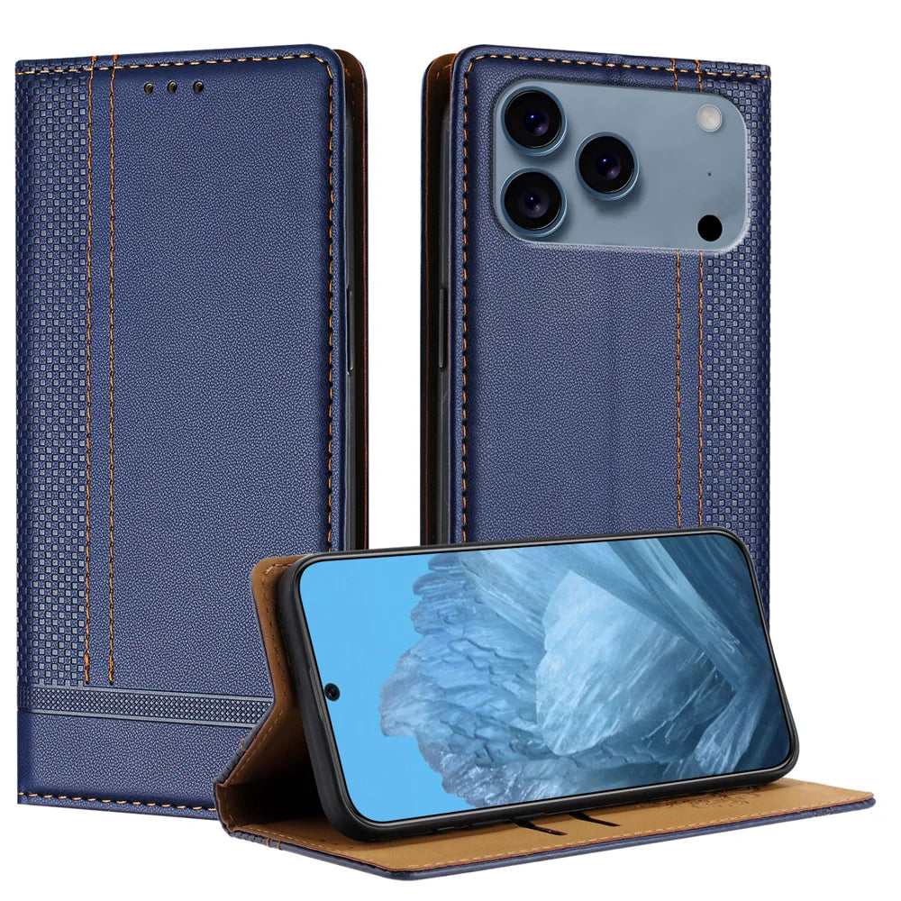 For iPhone 18 Pro / 17 Pro Case L-Shaped Grid Pattern Leather Stand Phone Cover with Card Slots - Blue - 1