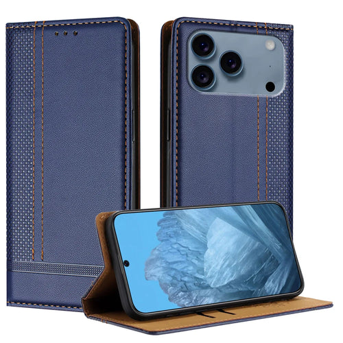 For iPhone 18 Pro / 17 Pro Case L-Shaped Grid Pattern Leather Stand Phone Cover with Card Slots - Blue - 1