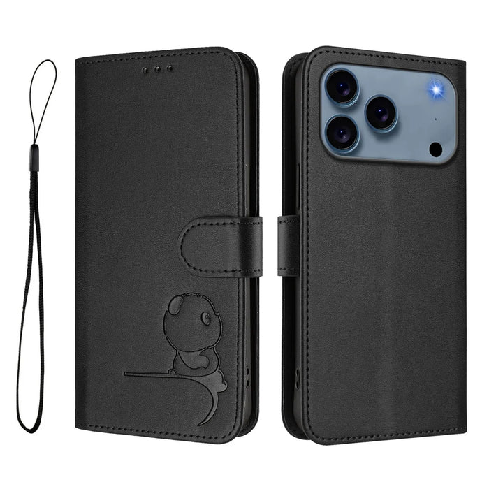 For iPhone 18 Pro / 17 Pro Case Panda Imprint RFID Blocking Wallet Leather Phone Cover with Wrist Strap - Black - 1