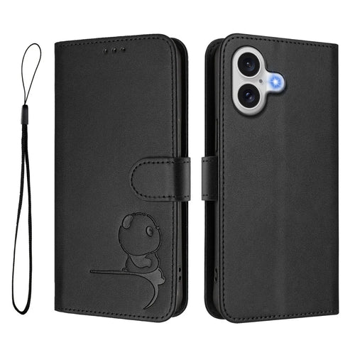 For iPhone Air Case Panda Imprint RFID Blocking Wallet Leather Phone Cover with Wrist Strap - Black - 1