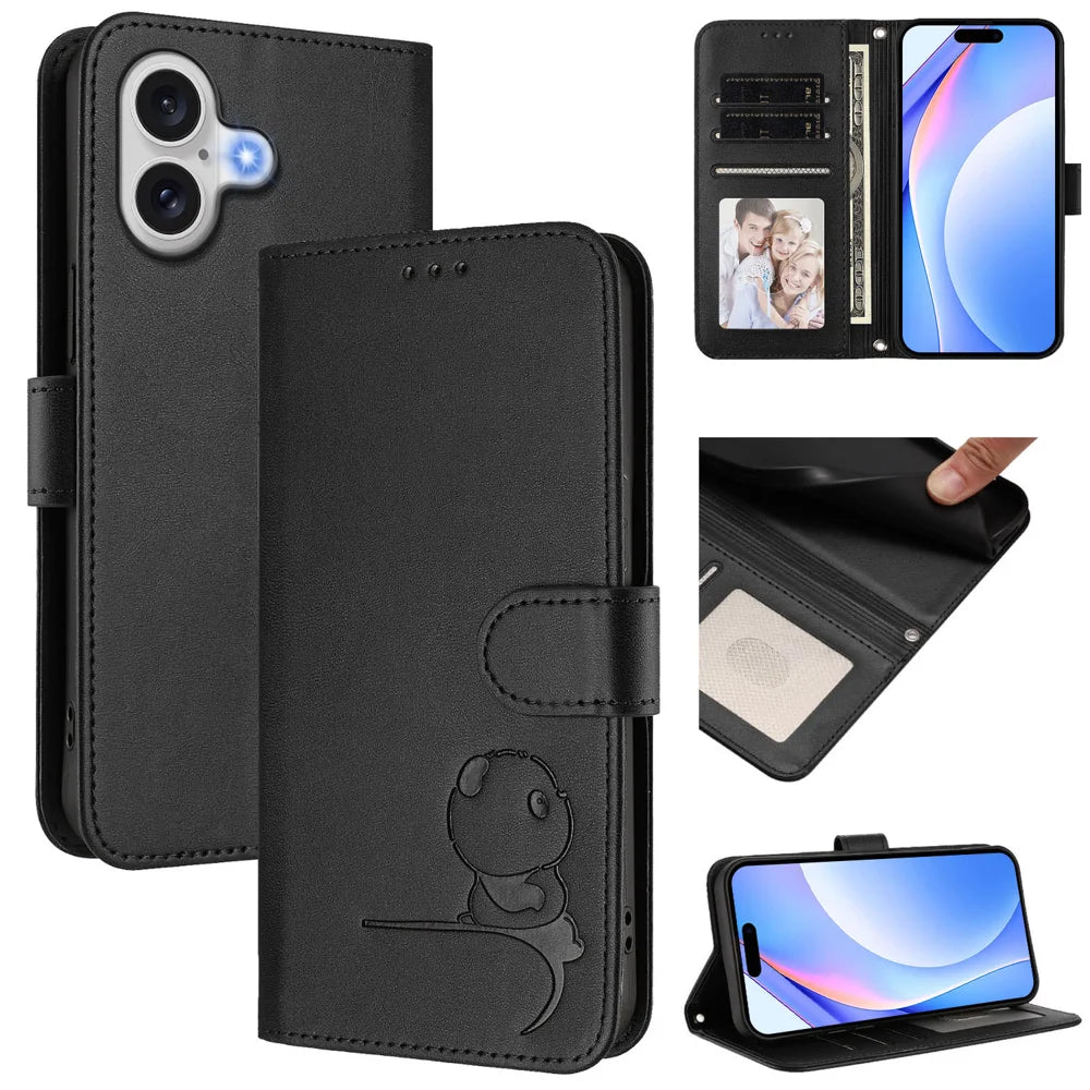 For iPhone Air Case Panda Imprint RFID Blocking Wallet Leather Phone Cover with Wrist Strap - Black - 2