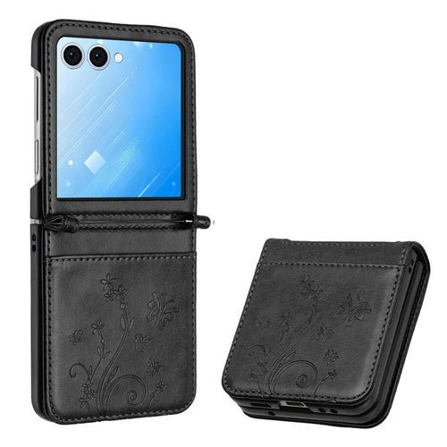For Samsung Galaxy Z Flip7 5G Case Butterfly Flower Imprinted Leather Phone Cover - Black - 1