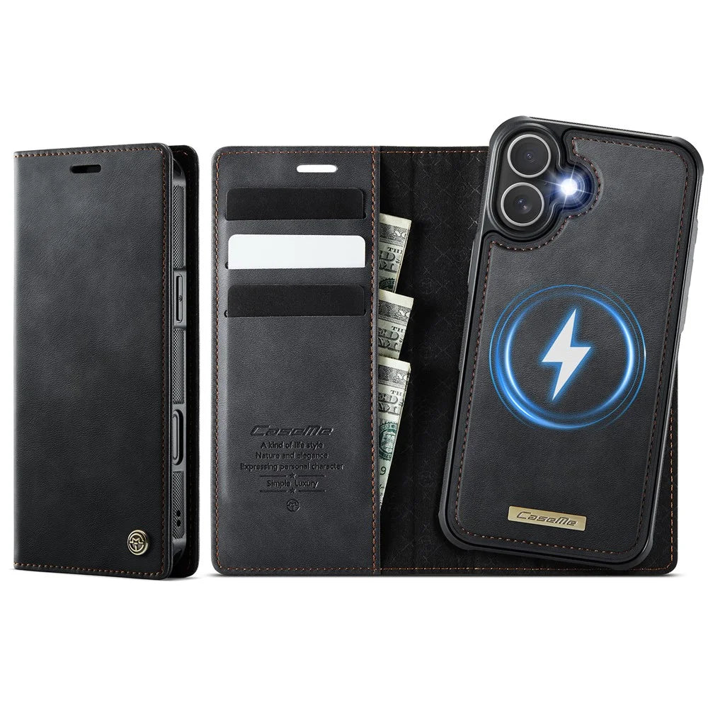 CASEME For iPhone 16 Case  C49  Compatible with MagSafe RFID Blocking Detachable Wallet Leather Phone Cover - Black - 1
