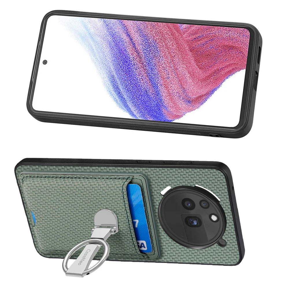 CASENEO For Nothing Phone (3a) Pro Leather Phone Back Cover with Kickstand and Card Slots Carbon Fiber Texture - Green - 3