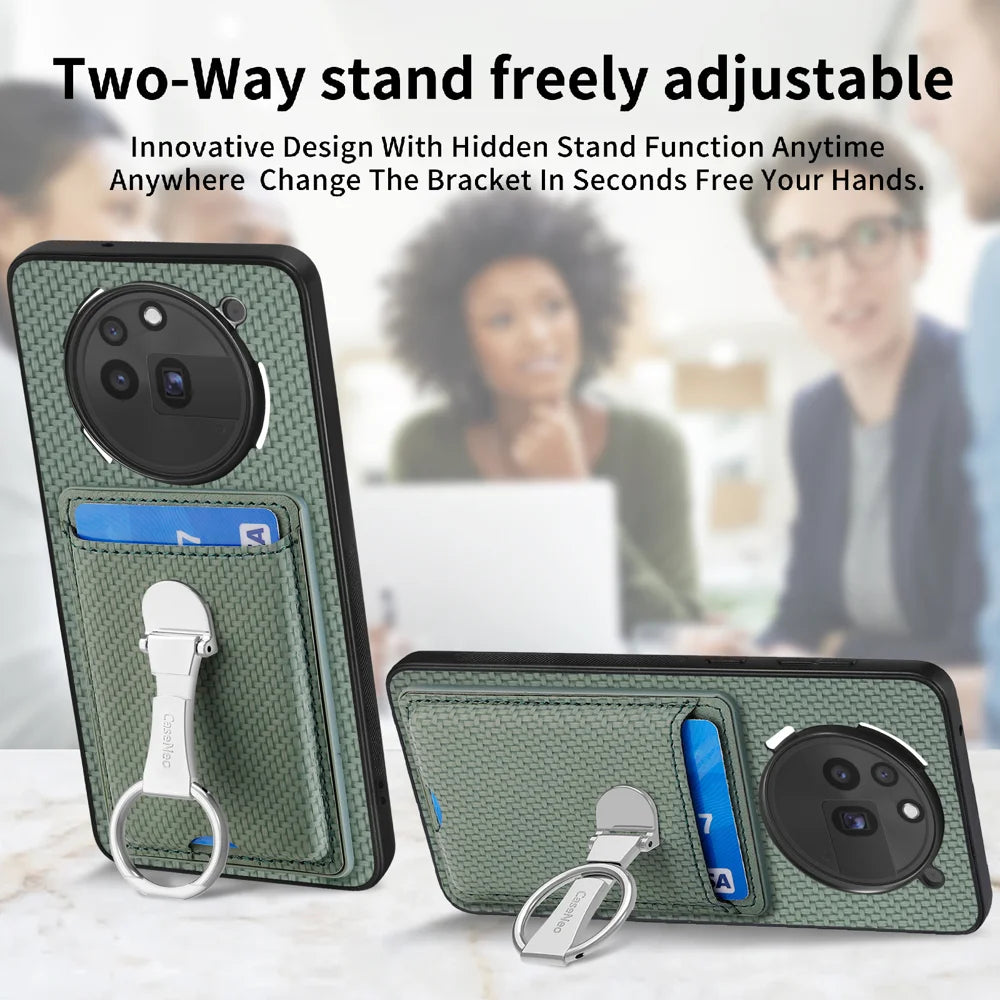 CASENEO For Nothing Phone (3a) Pro Leather Phone Back Cover with Kickstand and Card Slots Carbon Fiber Texture - Green - 6