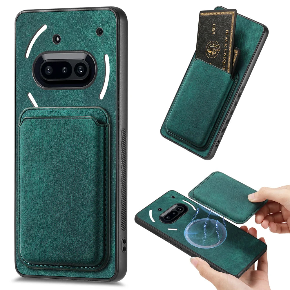 For Nothing Phone (3a) Magnetic Case Leather Back Cover with Detachable Card Holder - Green - 1