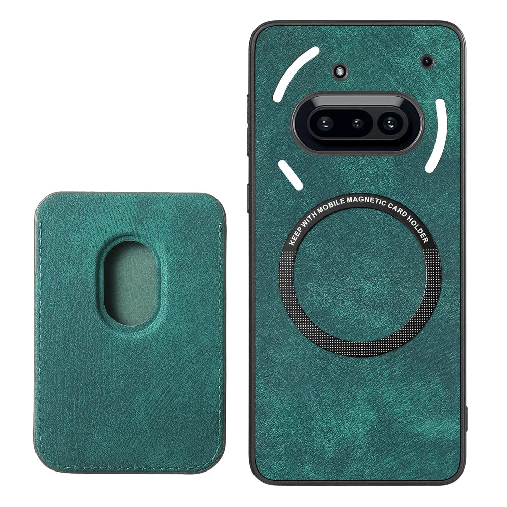 For Nothing Phone (3a) Magnetic Case Leather Back Cover with Detachable Card Holder - Green - 3