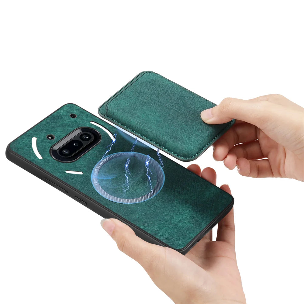 For Nothing Phone (3a) Magnetic Case Leather Back Cover with Detachable Card Holder - Green - 4