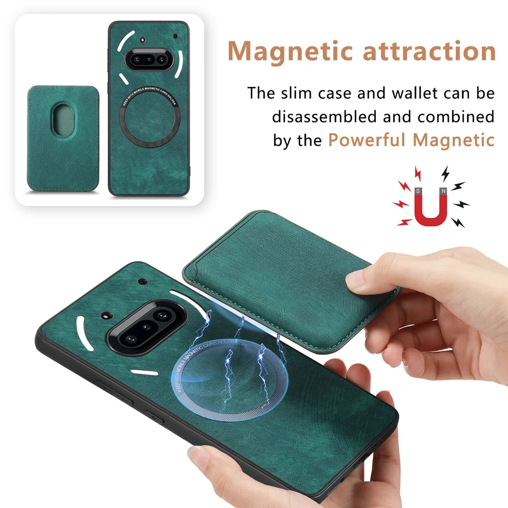 For Nothing Phone (3a) Magnetic Case Leather Back Cover with Detachable Card Holder - Green - 5