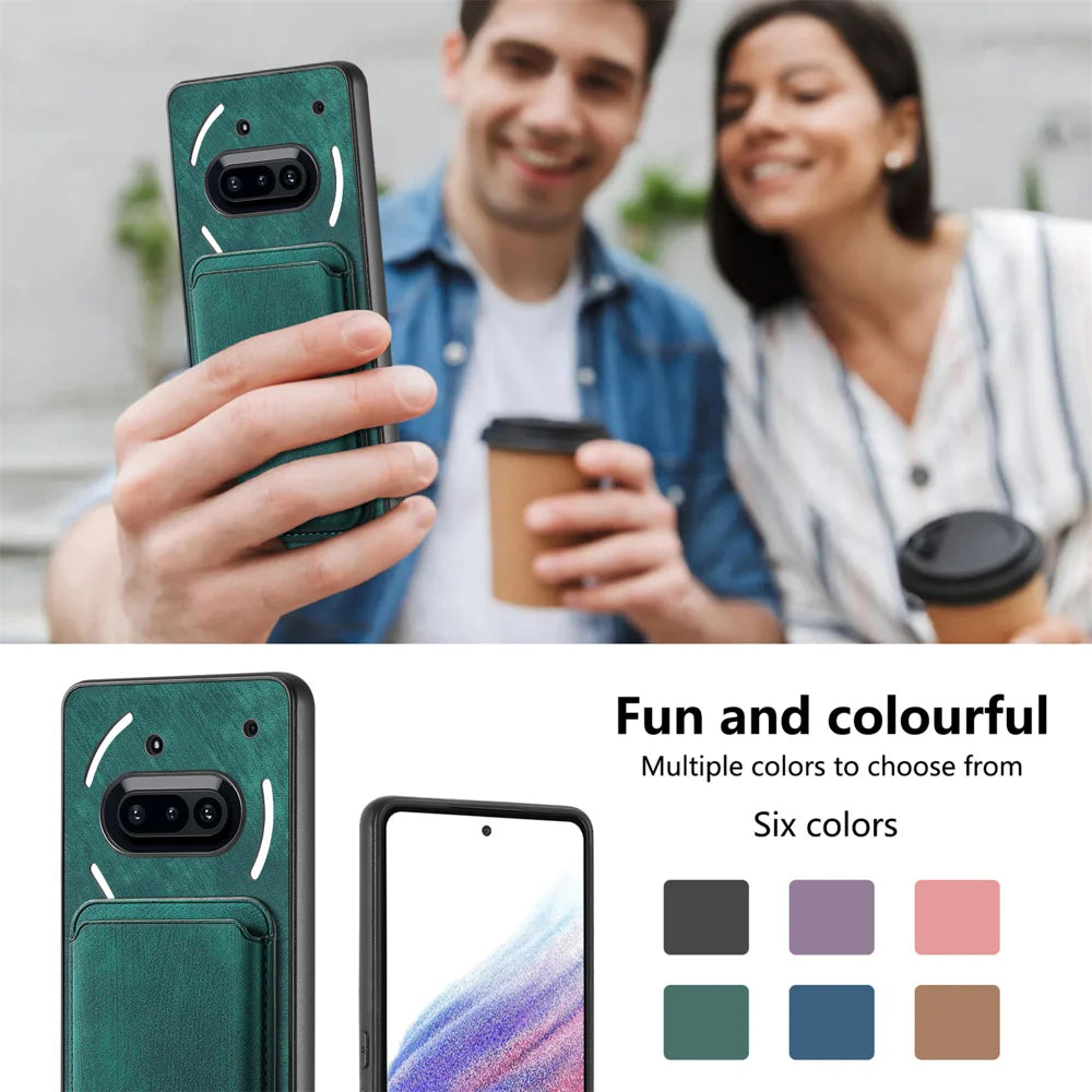 For Nothing Phone (3a) Magnetic Case Leather Back Cover with Detachable Card Holder - Green - 6