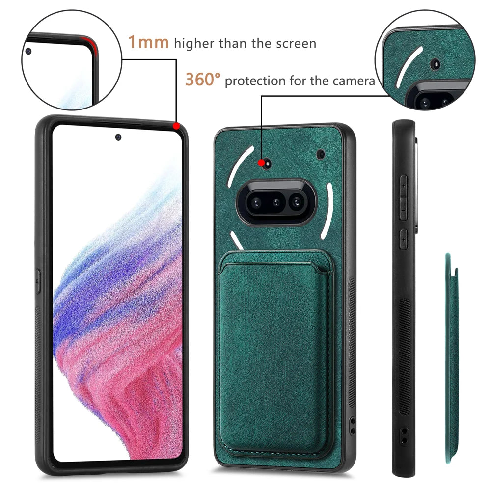 For Nothing Phone (3a) Magnetic Case Leather Back Cover with Detachable Card Holder - Green - 7