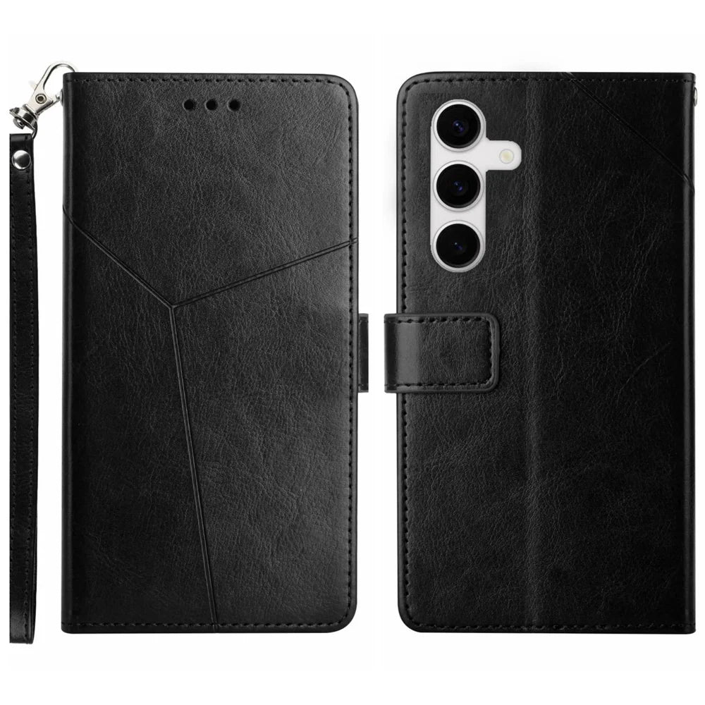 For Samsung Galaxy S25 Case Y Shaped Lines Imprint Leather Phone Cover - Black - 1