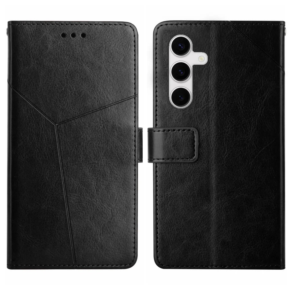 For Samsung Galaxy S25 Case Y Shaped Lines Imprint Leather Phone Cover - Black - 2
