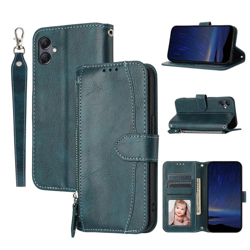 For Samsung Galaxy A08 5G / A08 4G / A07 4G / A06 5G Case Zipper Pocket Wallet Leather Phone Cover with Wrist Strap - Blackish Green - 1