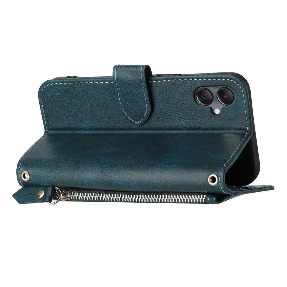 For Samsung Galaxy A08 5G / A08 4G / A07 4G / A06 5G Case Zipper Pocket Wallet Leather Phone Cover with Wrist Strap - Blackish Green - 2