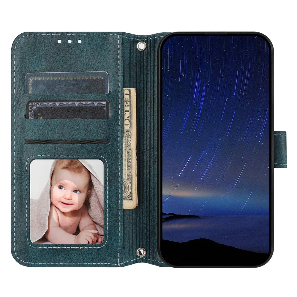 For Samsung Galaxy A08 5G / A08 4G / A07 4G / A06 5G Case Zipper Pocket Wallet Leather Phone Cover with Wrist Strap - Blackish Green - 4