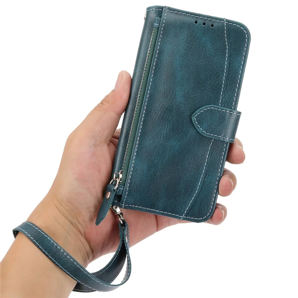 For Samsung Galaxy A08 5G / A08 4G / A07 4G / A06 5G Case Zipper Pocket Wallet Leather Phone Cover with Wrist Strap - Blackish Green - 5