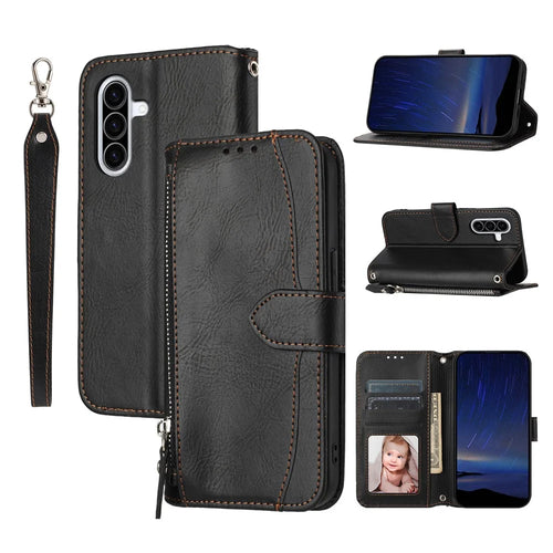 For Samsung Galaxy A18 5G / A18 4G / A17 5G / A17 4G / A26 5G Case Zipper Pocket Wallet Leather Phone Cover with Wrist Strap - Black - 1