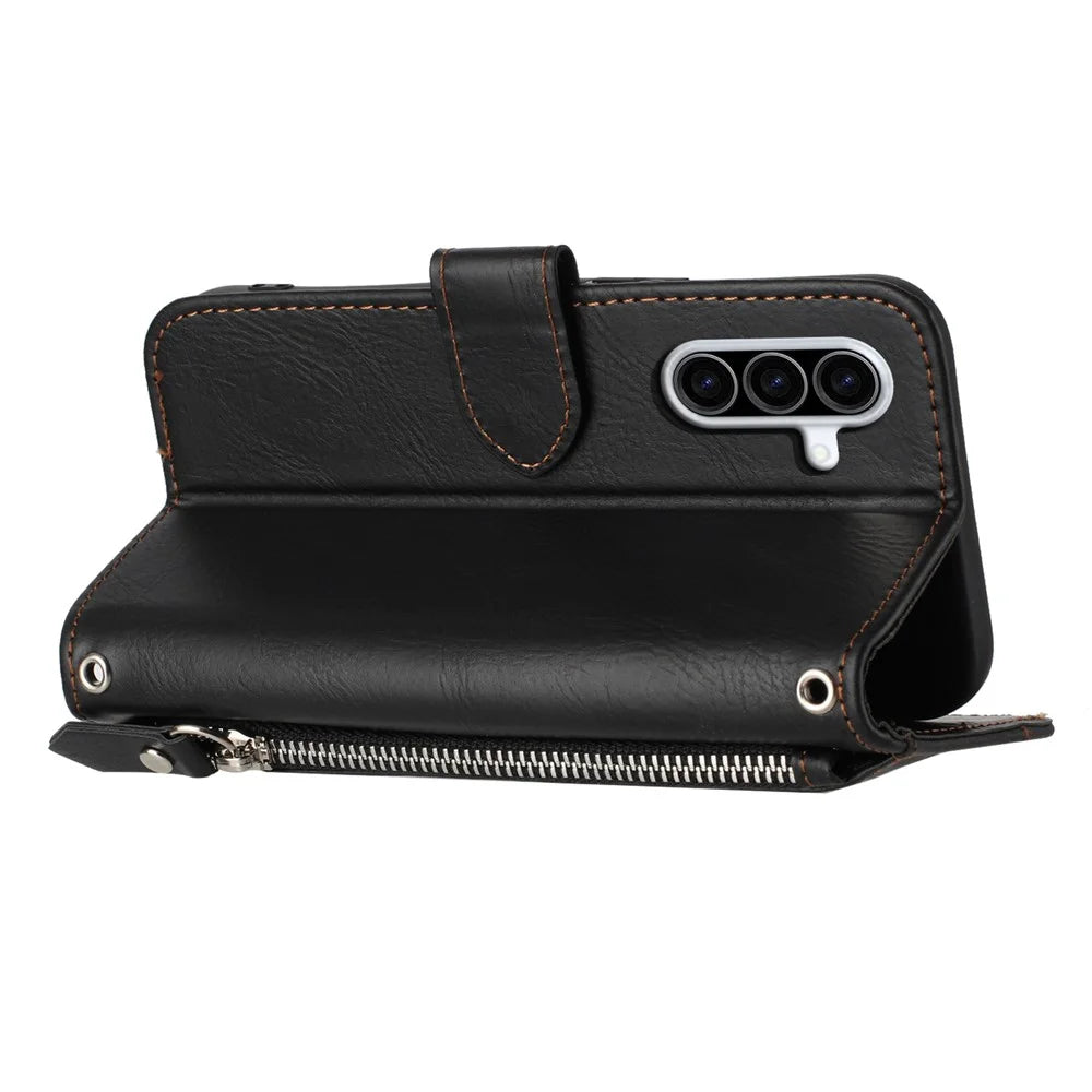 For Samsung Galaxy A18 5G / A18 4G / A17 5G / A17 4G / A26 5G Case Zipper Pocket Wallet Leather Phone Cover with Wrist Strap - Black - 2