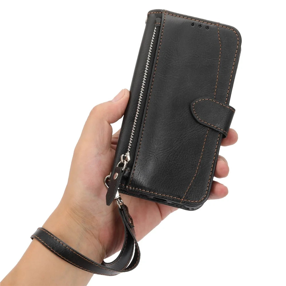 For Samsung Galaxy A18 5G / A18 4G / A17 5G / A17 4G / A26 5G Case Zipper Pocket Wallet Leather Phone Cover with Wrist Strap - Black - 5
