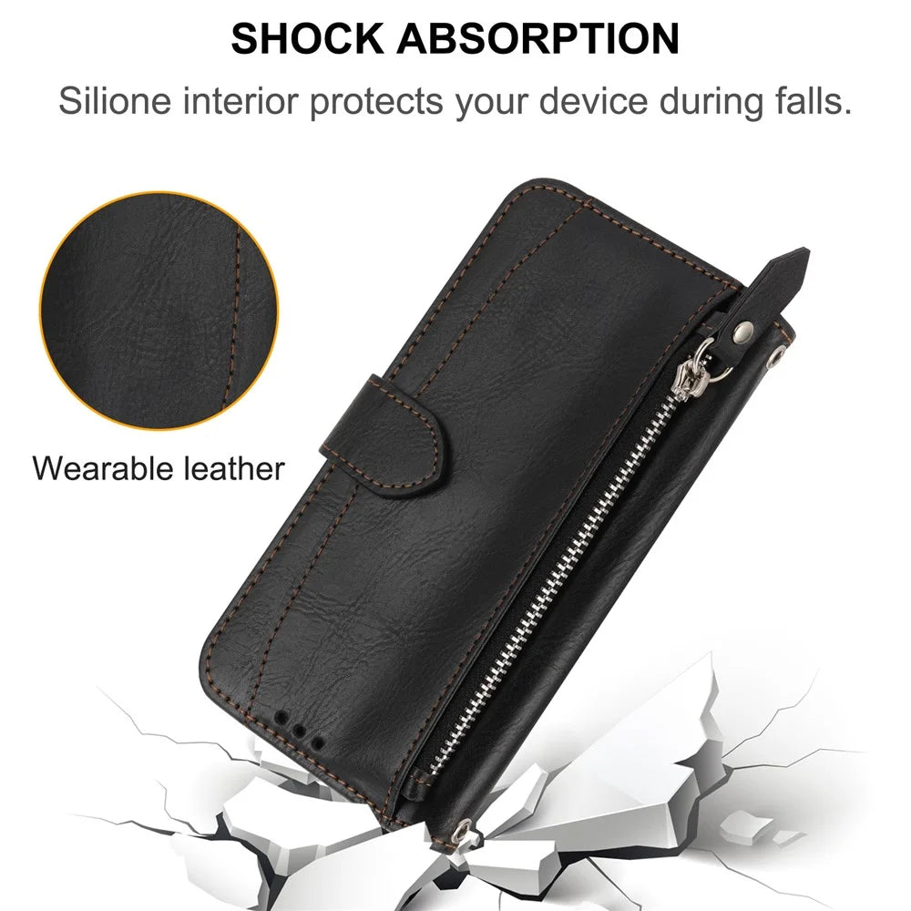 For Samsung Galaxy A18 5G / A18 4G / A17 5G / A17 4G / A26 5G Case Zipper Pocket Wallet Leather Phone Cover with Wrist Strap - Black - 7