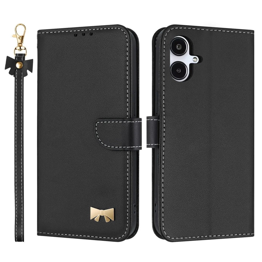 For Samsung Galaxy A08 5G / A08 4G / A07 4G / A06 4G / A06 5G Case Bowknot Decor Wallet Leather Phone Cover with Wrist Strap - Black - 1