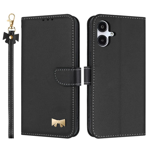 For Samsung Galaxy A08 5G / A08 4G / A07 4G / A06 4G / A06 5G Case Bowknot Decor Wallet Leather Phone Cover with Wrist Strap - Black - 1