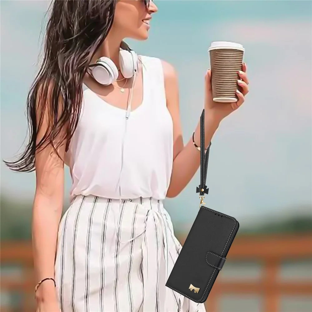 For Samsung Galaxy A08 5G / A08 4G / A07 4G / A06 4G / A06 5G Case Bowknot Decor Wallet Leather Phone Cover with Wrist Strap - Black - 6