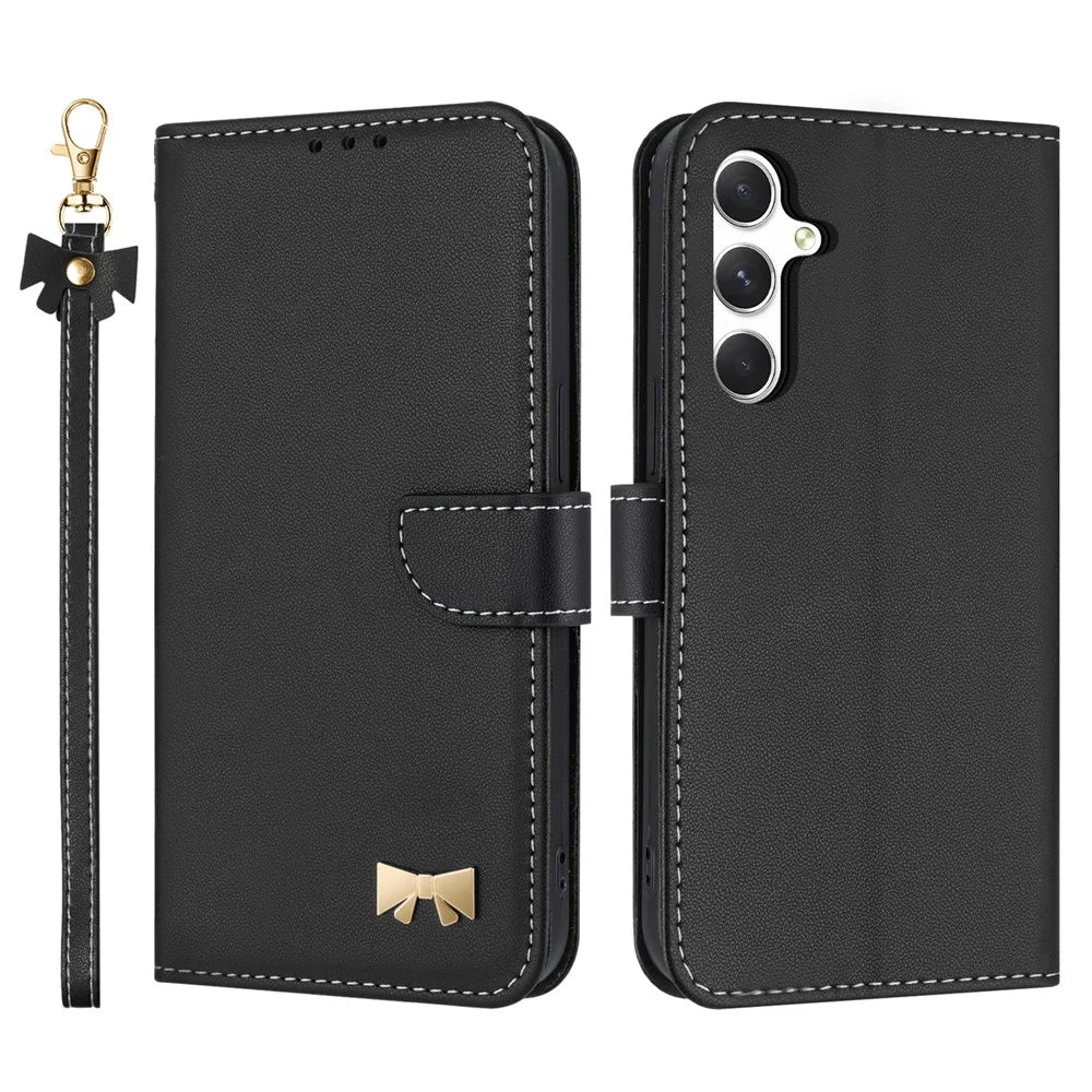 For Samsung Galaxy A18 5G / A18 4G / A17 5G / A17 4G / A26 5G Case Bowknot Decor Wallet Leather Phone Cover with Wrist Strap - Black - 1