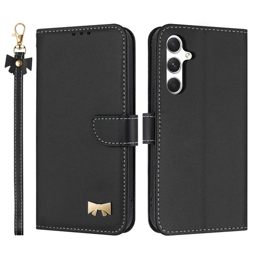 For Samsung Galaxy A18 5G / A18 4G / A17 5G / A17 4G / A26 5G Case Bowknot Decor Wallet Leather Phone Cover with Wrist Strap - Black - 1