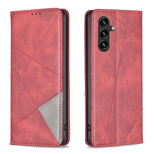 For Samsung Galaxy S25 FE Case Card Slots Geometry Imprint Leather Phone Cover - Red - 1
