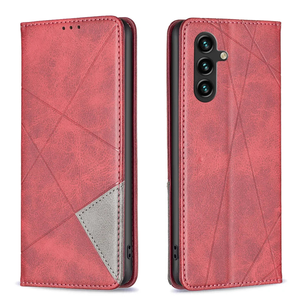 For Samsung Galaxy S25 FE Case Card Slots Geometry Imprint Leather Phone Cover - Red - 1