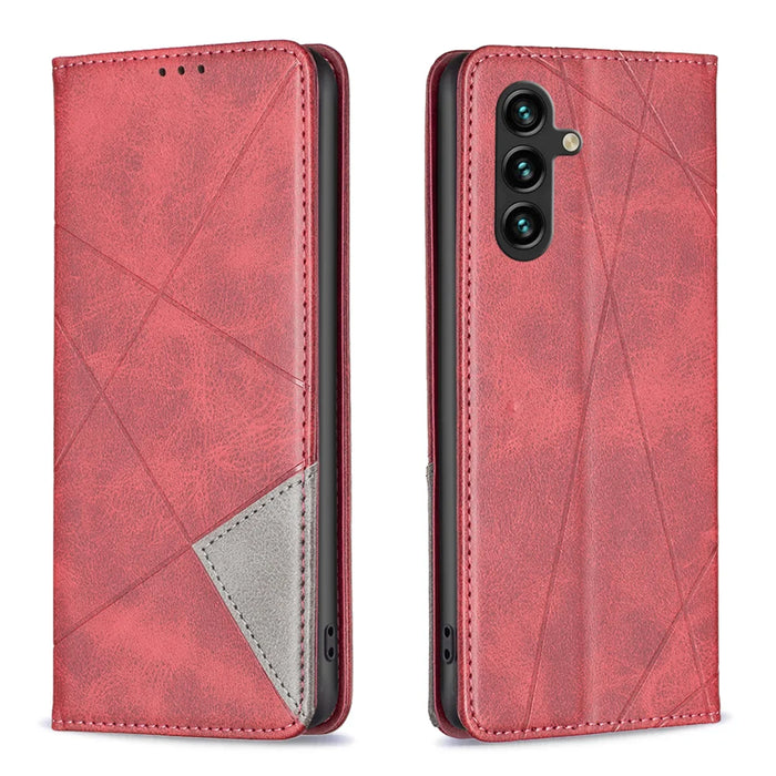 For Samsung Galaxy S25 FE Case Card Slots Geometry Imprint Leather Phone Cover - Red - 1