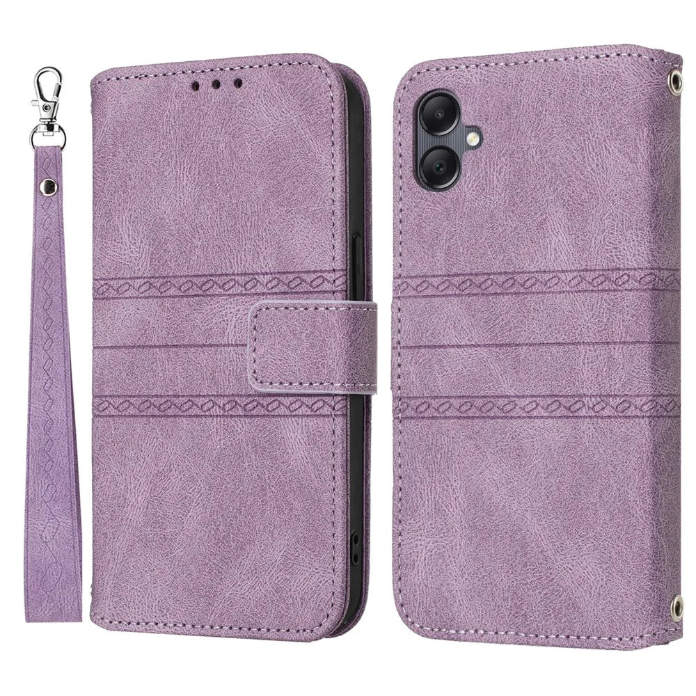 For Samsung Galaxy A08 5G / A08 4G / A07 4G / A06 4G / A06 5G Case Wallet Skin-Touch Leather Imprinted Phone Cover with Wrist Strap - Purple - 1
