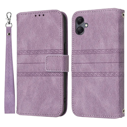For Samsung Galaxy A08 5G / A08 4G / A07 4G / A06 4G / A06 5G Case Wallet Skin-Touch Leather Imprinted Phone Cover with Wrist Strap - Purple - 1