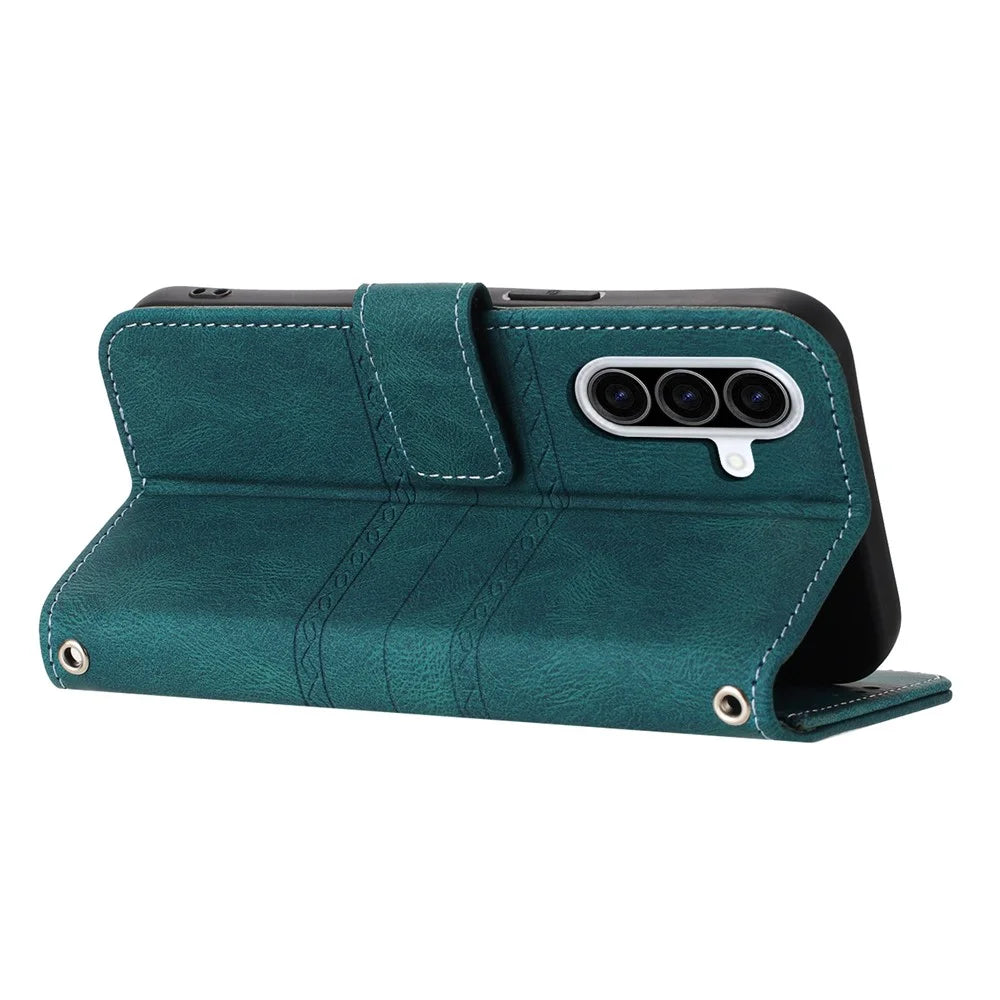 For Samsung Galaxy A18 5G / A18 4G / A17 5G / A17 4G / A26 5G Case Wallet Skin-Touch Leather Imprinted Phone Cover with Wrist Strap - Blackish Green - 3