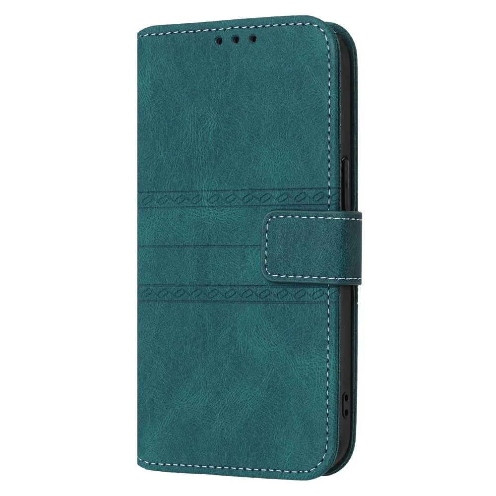 For Samsung Galaxy A18 5G / A18 4G / A17 5G / A17 4G / A26 5G Case Wallet Skin-Touch Leather Imprinted Phone Cover with Wrist Strap - Blackish Green - 7