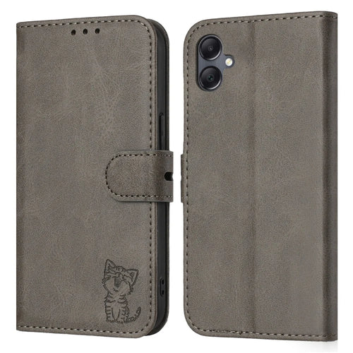 For Samsung Galaxy A08 5G / A08 4G / A07 4G / A06 4G / A06 5G Case Happy Cat Pattern Imprinted Leather Wallet Phone Cover - Grey - 1