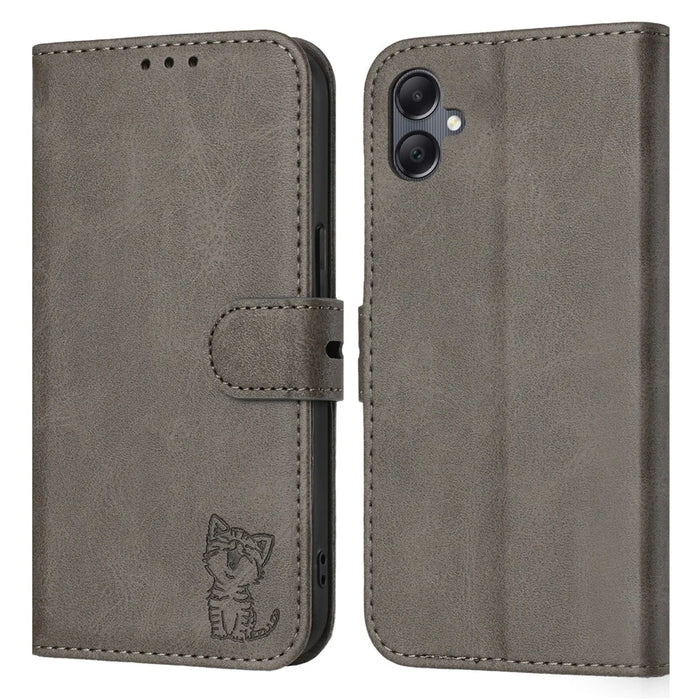 For Samsung Galaxy A08 5G / A08 4G / A07 4G / A06 4G / A06 5G Case Happy Cat Pattern Imprinted Leather Wallet Phone Cover - Grey - 1