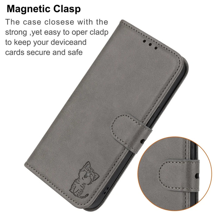 For Samsung Galaxy A08 5G / A08 4G / A07 4G / A06 4G / A06 5G Case Happy Cat Pattern Imprinted Leather Wallet Phone Cover - Grey - 6
