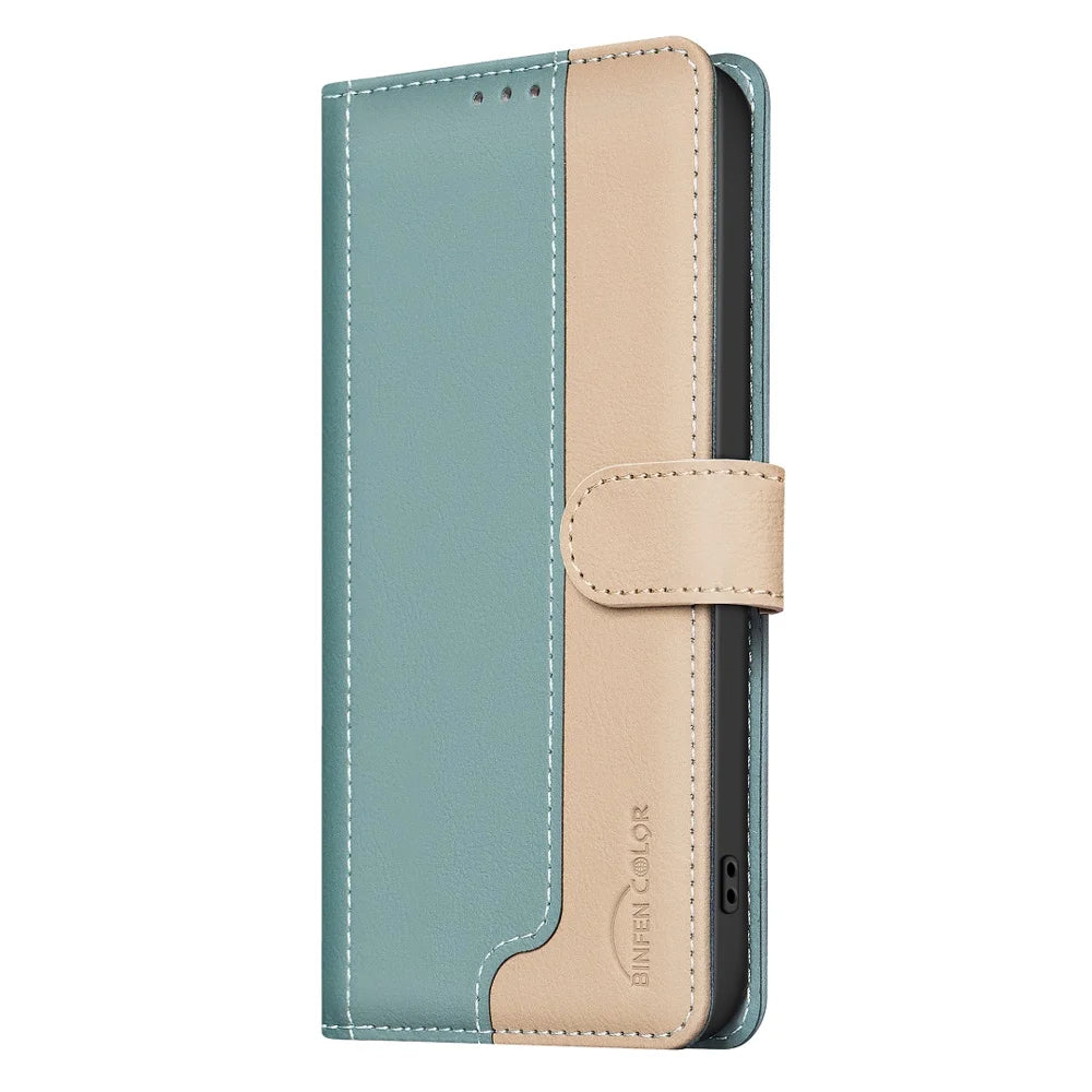 BINFEN COLOR For Samsung Galaxy S25 FE Leather Case  Splicing Color RFID Blocking Wallet Stand Phone Cover - Green - 2