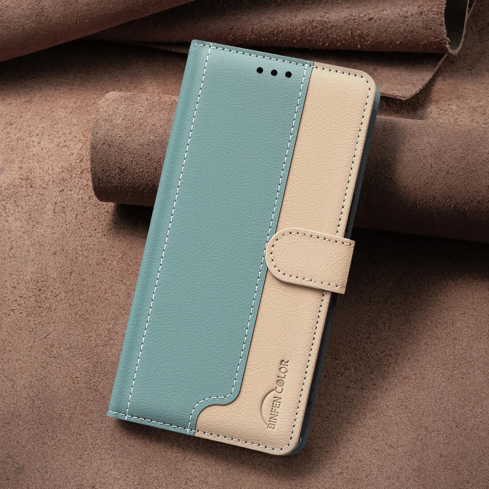 BINFEN COLOR For Samsung Galaxy S25 FE Leather Case  Splicing Color RFID Blocking Wallet Stand Phone Cover - Green - 7