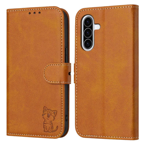 For Samsung Galaxy A18 5G / A18 4G / A17 5G / A17 4G / A26 5G Case Happy Cat Pattern Imprinted Leather Wallet Phone Cover - Yellow - 1