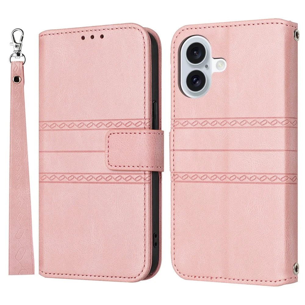 For iPhone 17 Case Wallet Skin-Touch Leather Imprinted Phone Cover with Wrist Strap - Pink - 1