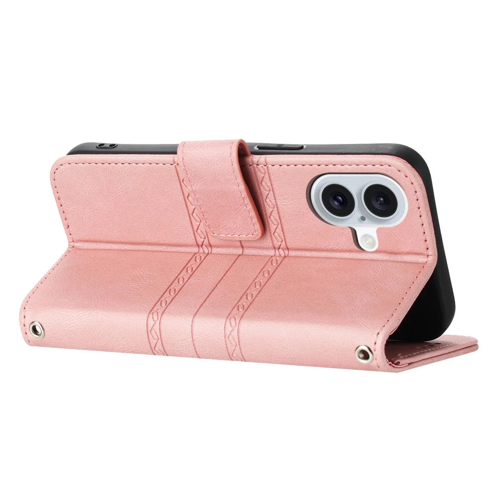 For iPhone 17 Case Wallet Skin-Touch Leather Imprinted Phone Cover with Wrist Strap - Pink - 3